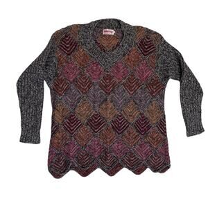 Makipi Diamond Weave Alpaca Sweater Size L V-Neck yellow orange gray Artsy